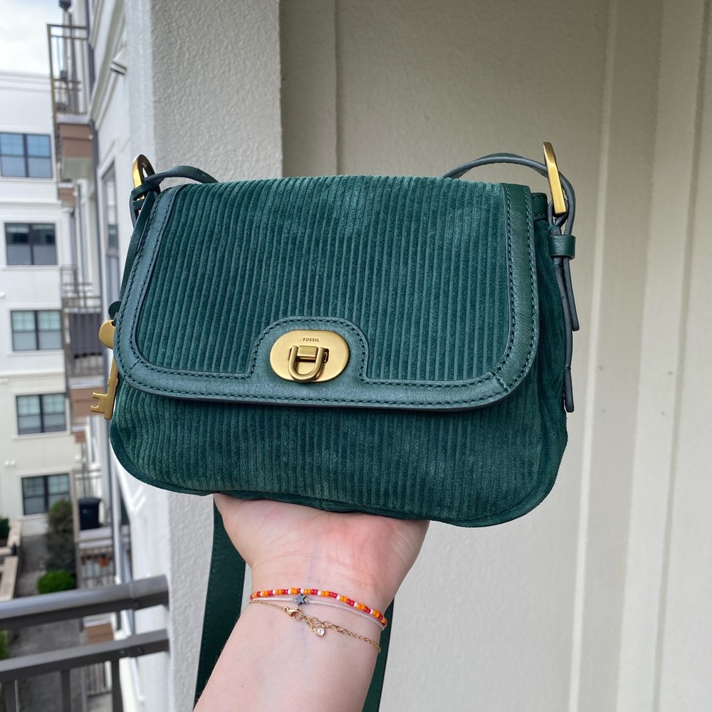 Fossil Harper small flap crossbody in green suede leather gold spring summer